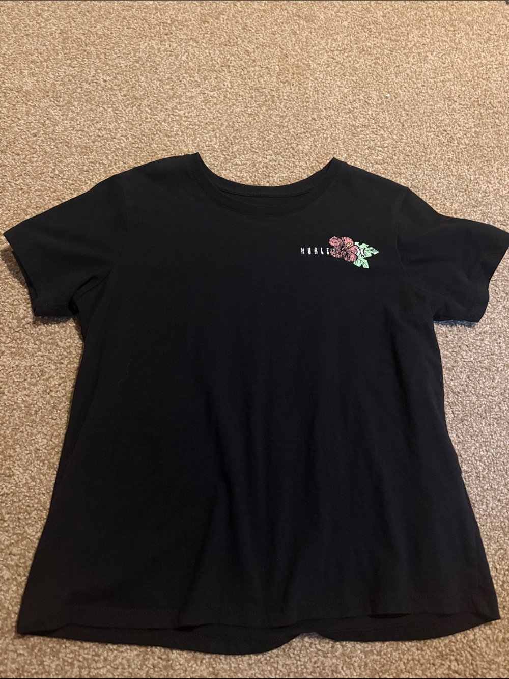 Hurley Black Short Sleeve Tee with Pink Flower Graphic